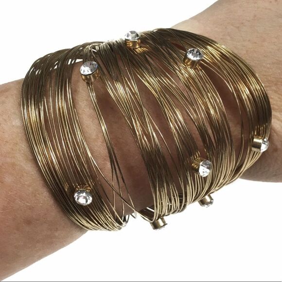 Gold Tone Wire Cuff Bracelet with Rhinestones - Picture 8 of 8